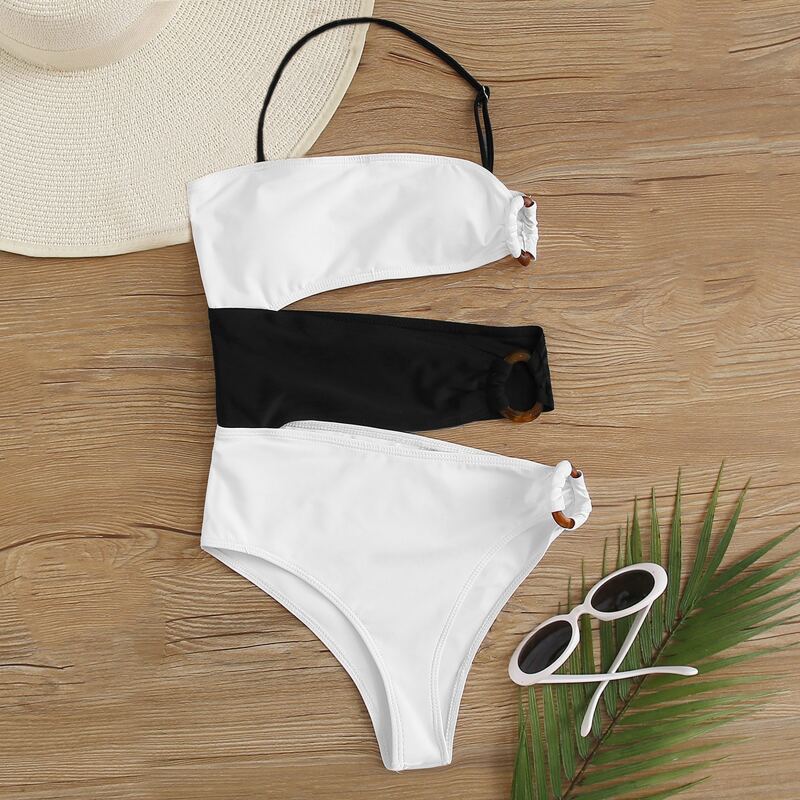 

Two Tone Cut-out One Piece Swimsuit, Black and white