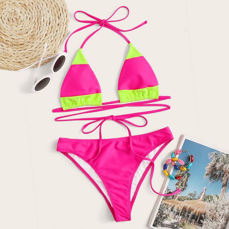 

Neon Two Tone Halter Triangle Bikini Swimsuit, Pink bright