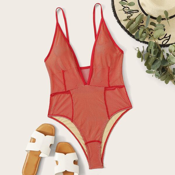 

Fishnet Overlay Plunging Neck One Piece Swimsuit, Red