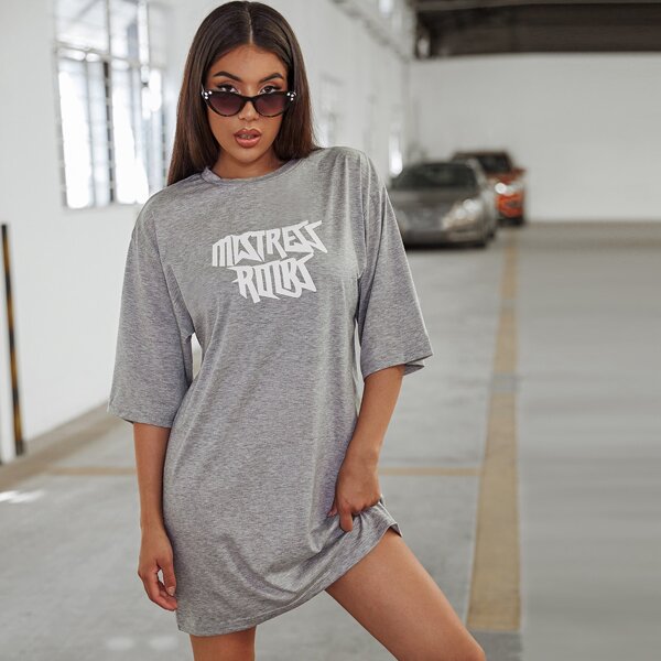 

Letter Graphic Tee Dress Without Bag, Grey