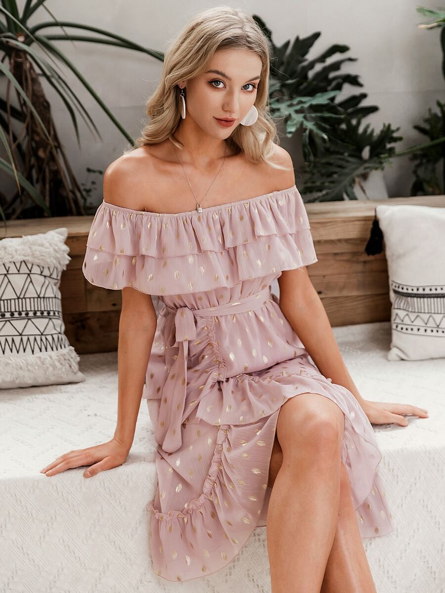 Simplee Off Shoulder Wrap Belted Gold Print Dress - Pink - View 1