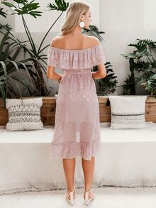 Simplee Off Shoulder Wrap Belted Gold Print Dress - Pink - View 2