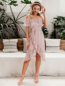Simplee Off Shoulder Wrap Belted Gold Print Dress - Pink - View 6