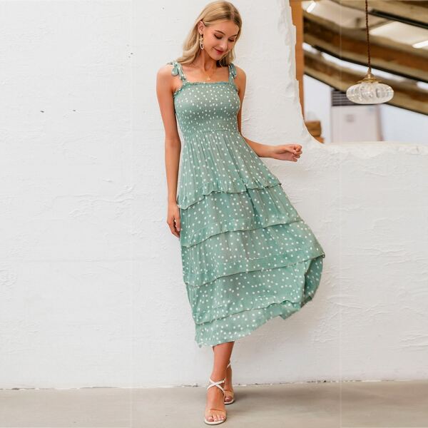

Simplee Shirred Bodice Ruffle Trim Polka Dot Cami Dress, Green