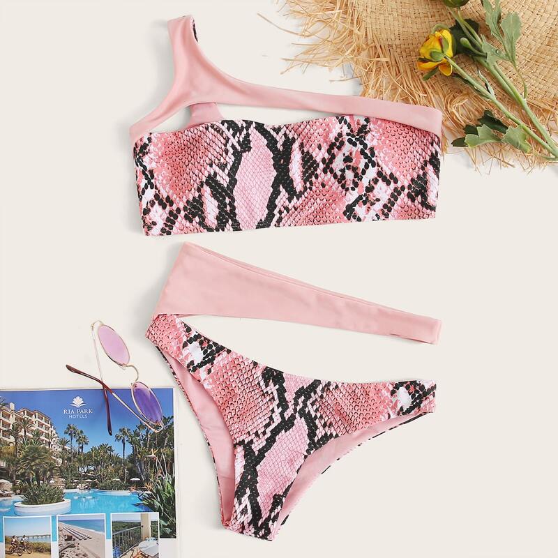 

Snakeskin One Shoulder Cut-out Bikini Swimsuit, Pink