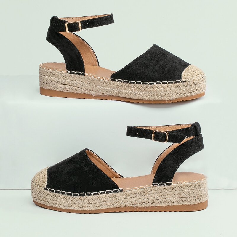 

Closed Toe Ankle Strap Flatform Espadrilles, Black