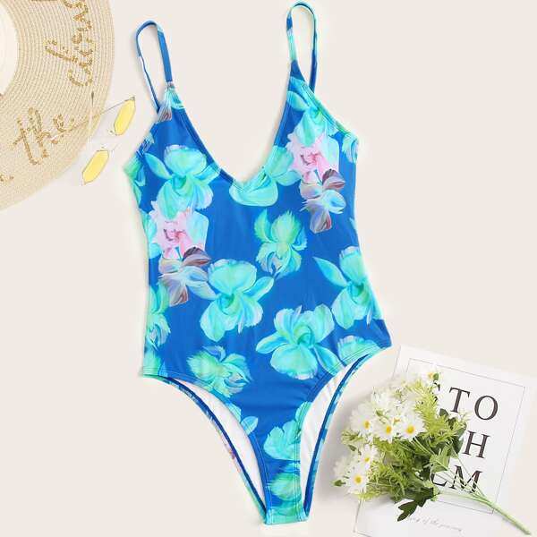 

Floral Print One Piece Swimsuit, Blue