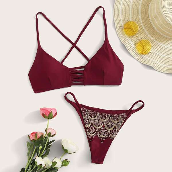 

Crisscross Crochet Tanga Bikini Swimsuit, Burgundy