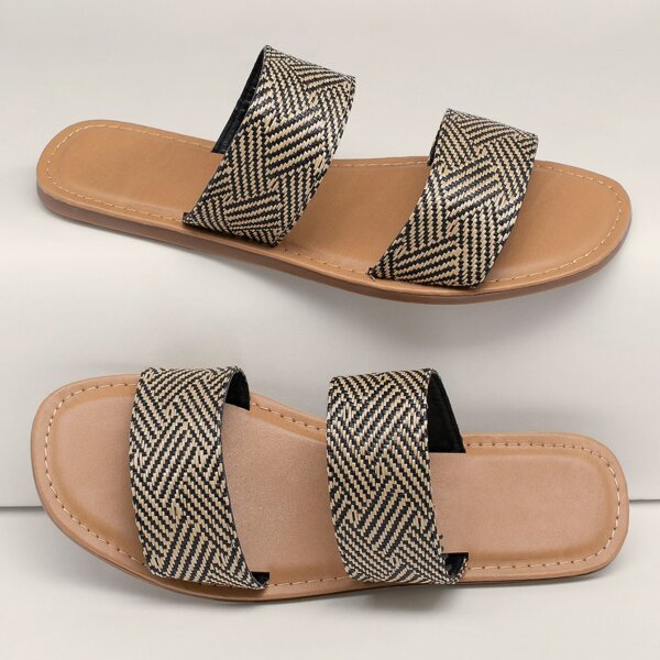 

Two Weave Pattern Band Flat Slide Sandals, Multicolor