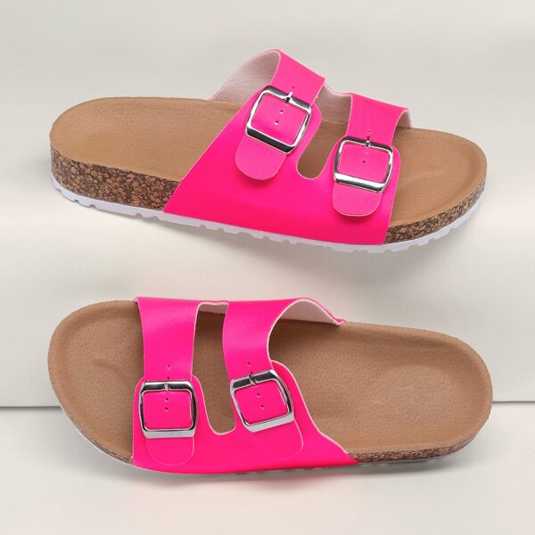 

Neon Double Buckle Band Cork Slide Sandals, Hot pink
