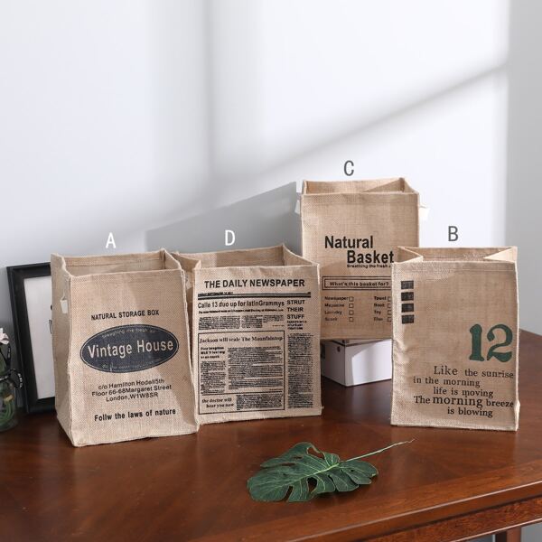 

1pc Slogan Graphic Linen Storage Bag, Khaki
