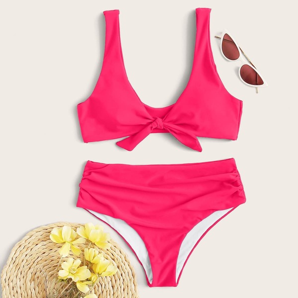 

Knot Front Ruched Bikini Swimsuit, Pink bright