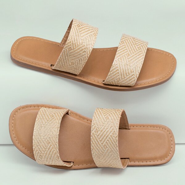 

Woven Pattern Raffia Double Band Slide Sandals, Beige