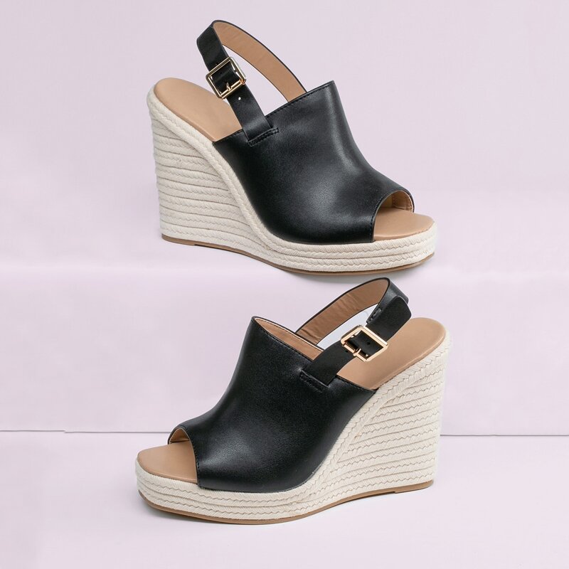 

Peep Toe Platform Slingback Espadrille Wedges, Black