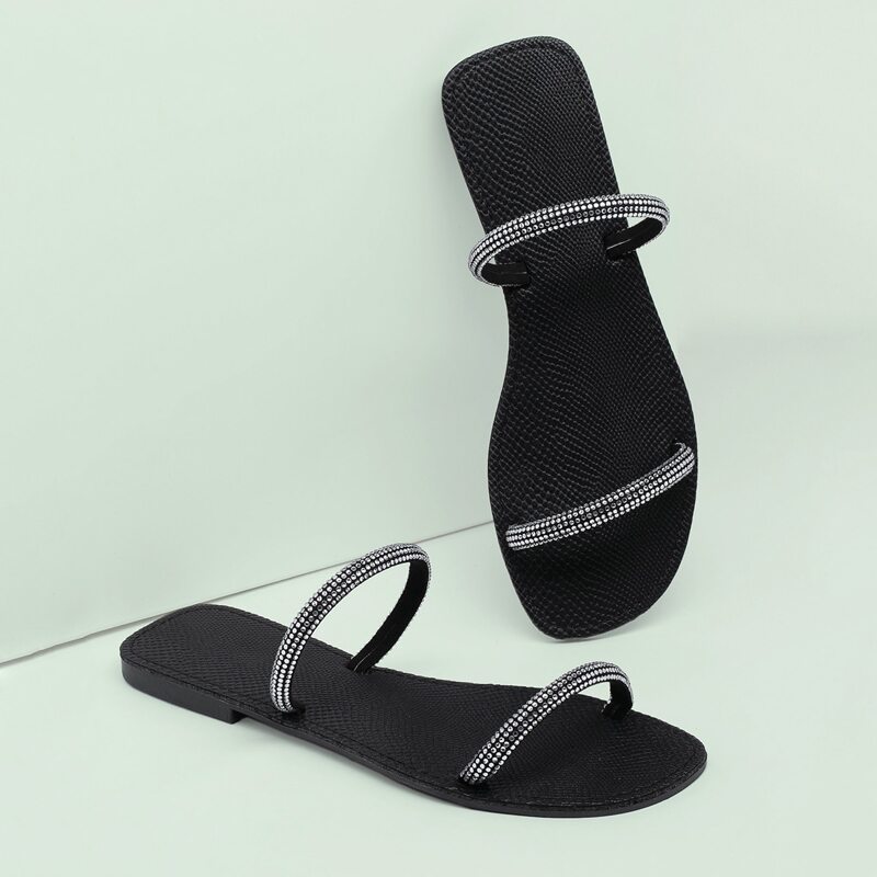 

Crystal Double Strap Snakeskin Sole Slide Sandals, Black