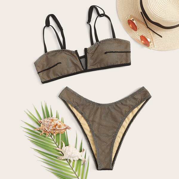 

Fishnet Overlay V Wired Bikini Swimsuit, Brown
