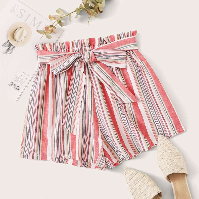 

Striped Self-Tie Paperbag Waist Shorts, Multicolor