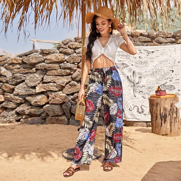 

Tie Waist Tropical Print Pants, Multicolor
