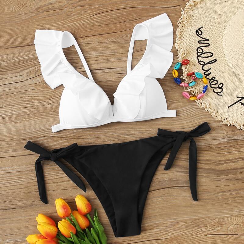 

Ruffle Trim Tie Side Bikini Swimsuit, Black and white