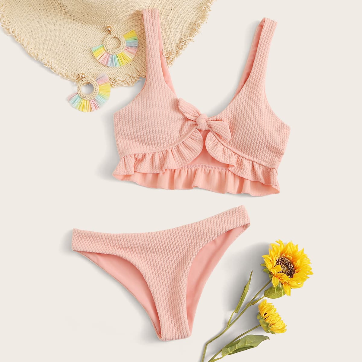 

Knot Front Ruffle Trim Bikini Swimsuit, Pink