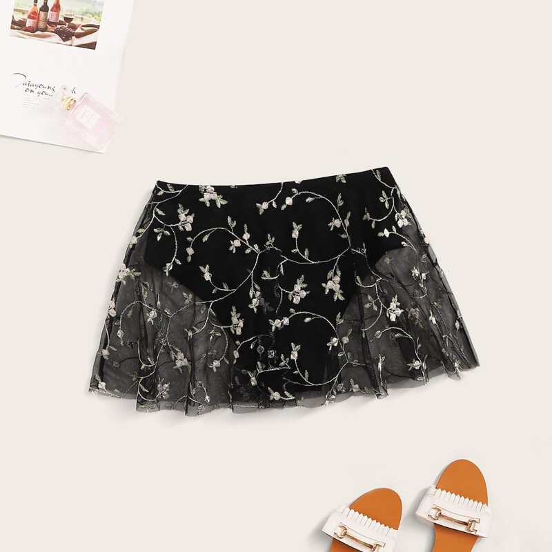 

Floral Embroidered Mesh Bikini Skort, Black