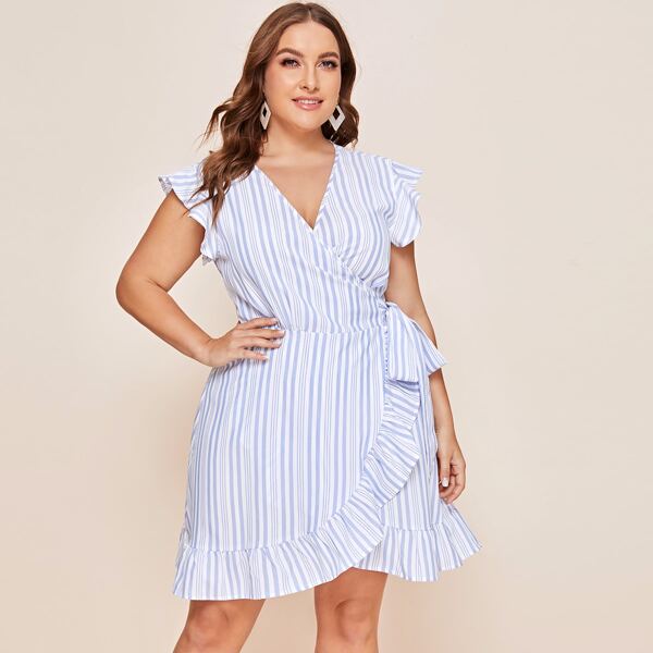 

Plus Ruffle Hem Wrap Belted Striped Dress, Blue