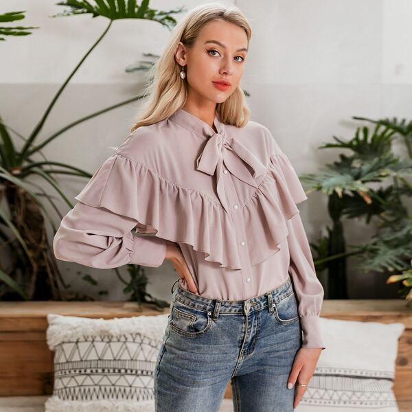 

Tie Neck Ruffle Trim Blouse, Pink pastel