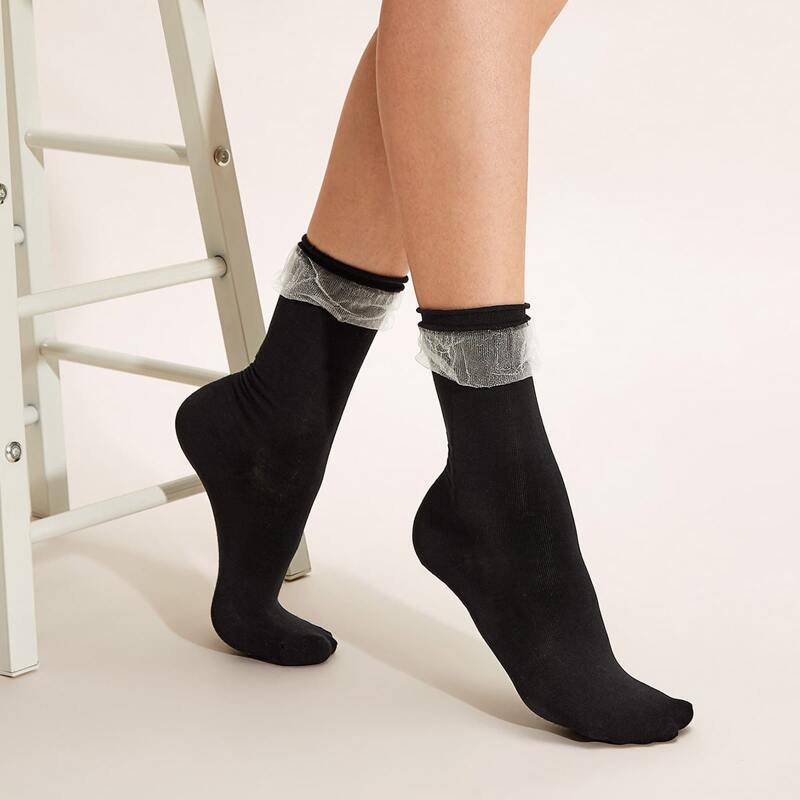 

1pair Mesh Trim Ankle Socks, Black