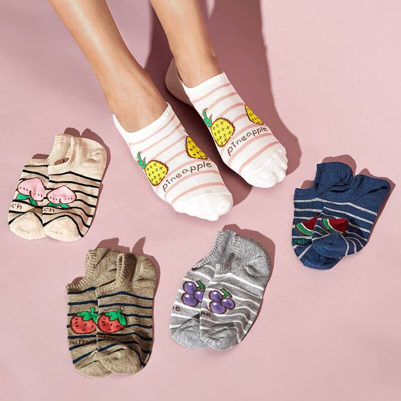 

5pairs Fruit & Striped Pattern Socks, Multicolor