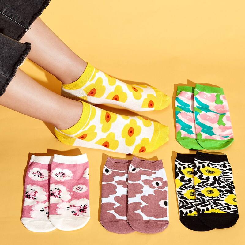

5pairs Floral Pattern Socks, Multicolor