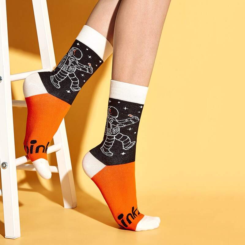 

1pair Astronaut Pattern Color Block Socks, Multicolor