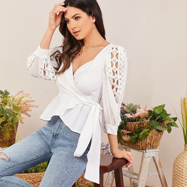 

Guipure Lace Trim Wrap Belted Peplum Top, White