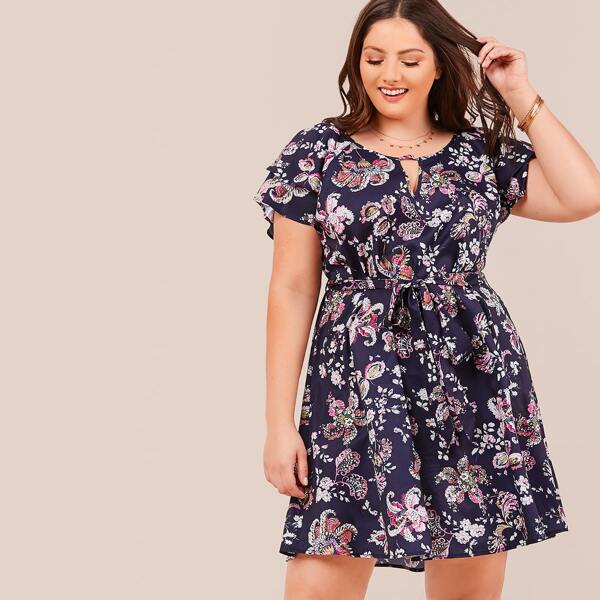 

Plus Keyhole Neck Belted Floral Print Dress, Multicolor