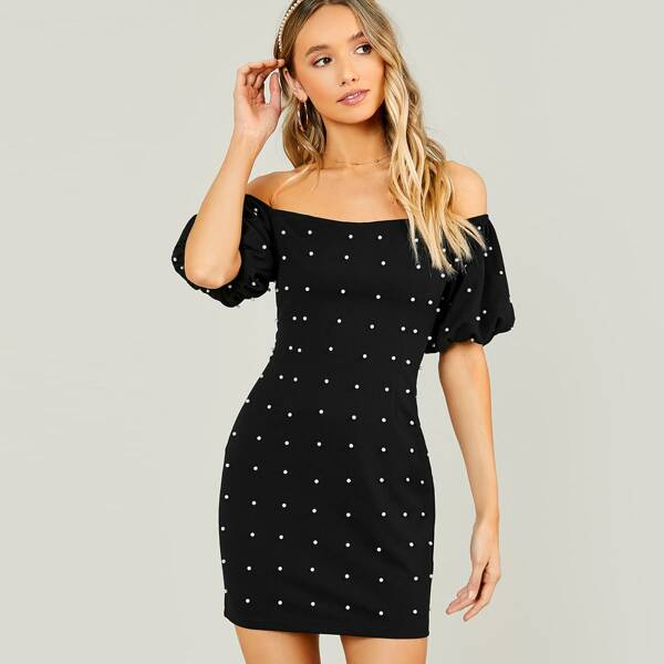 

Pearl Beaded Off Shoulder Dress, Black