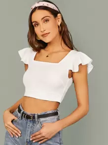 SHEIN Privé Square Neck Tie Back Ruffle Trim Crop Top - White - View 2