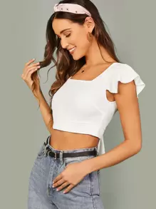 SHEIN Privé Square Neck Tie Back Ruffle Trim Crop Top - White - View 3