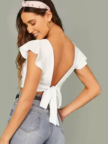 SHEIN Privé Square Neck Tie Back Ruffle Trim Crop Top - White - View 1