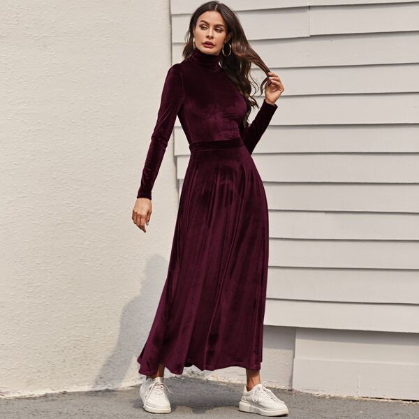 

High Neck Velvet Tee and Maxi Skirt Set, Burgundy