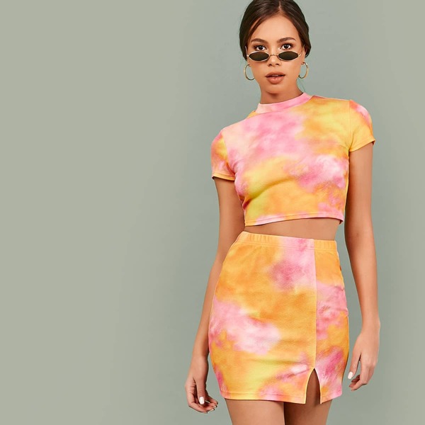 

Tie Dye Crop Tee and Split Hem Skirt Set, Multicolor