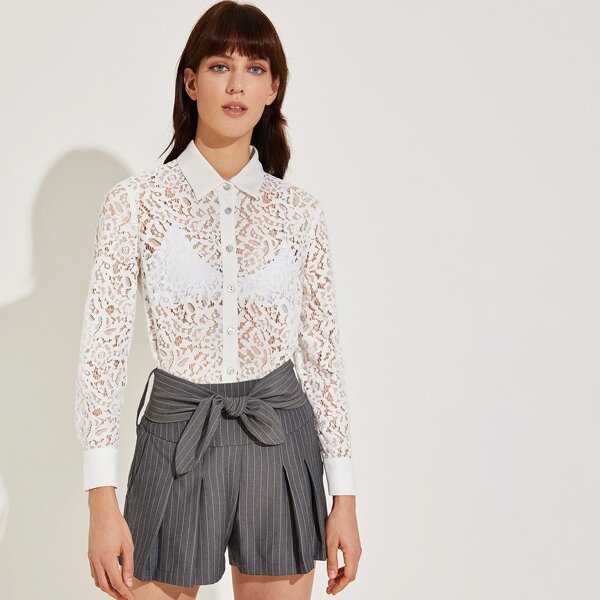 

Button Front Sheer Lace Blouse Without Bra, White