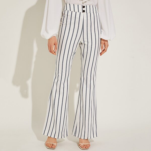 

Button Detail Striped Flare Leg Pants, White