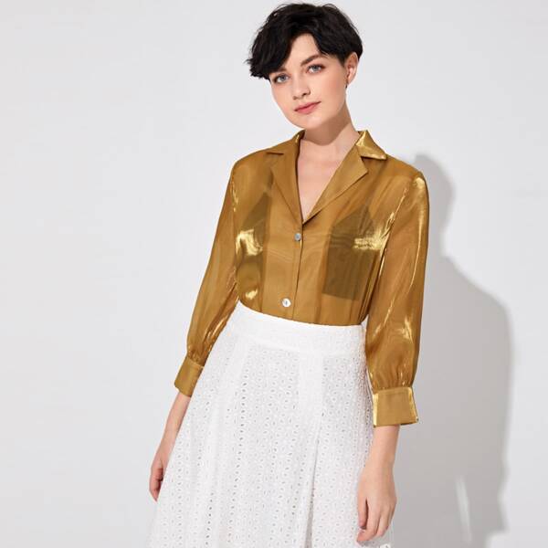 

Notched Collar Sheer Organza Blouse Without Bra, Camel