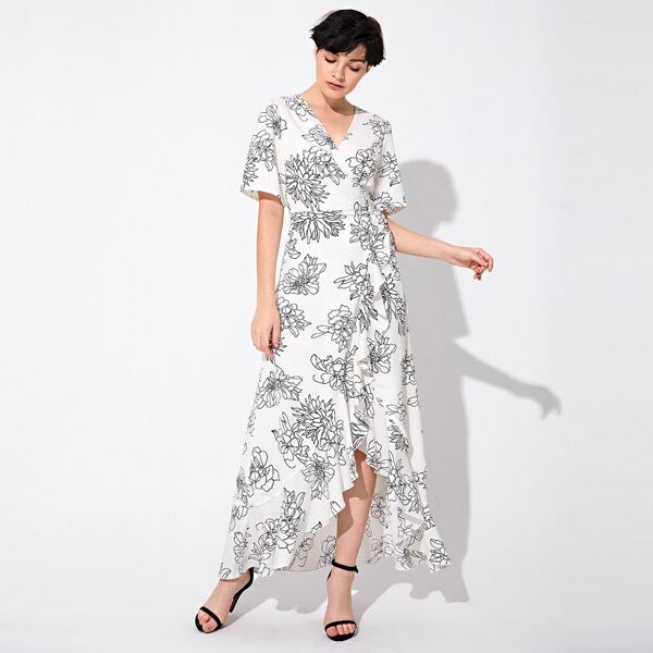 

Ruffle Trim Wrap Tie Side Floral Print Dress, White