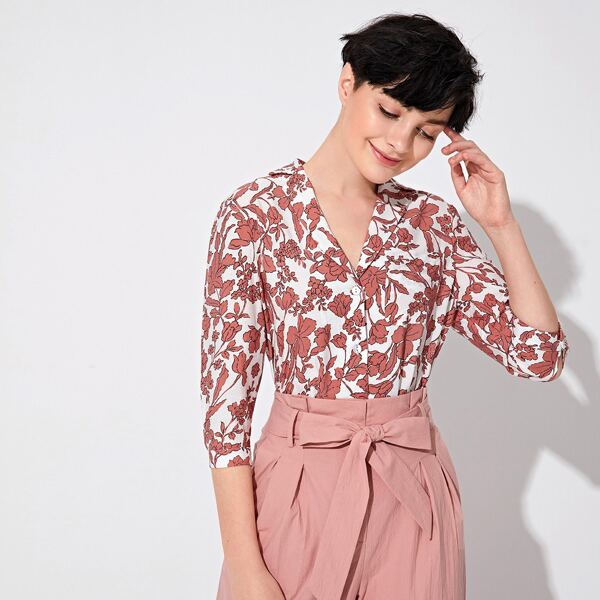 

Notched Collar Buttoned Front Blouse, Multicolor