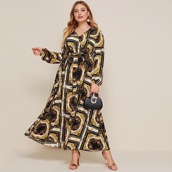 

Plus Surplice Neck Lantern Sleeve Self Belted Scarf Print Dress, Multicolor