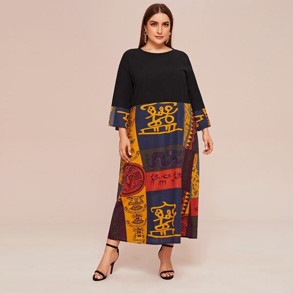 

Plus Aztec Print Spliced Tunic Dress, Multicolor