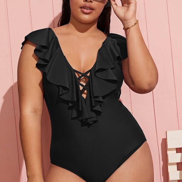 

Plus Lattice Ruffle Trim One Piece Swimsuit, Black