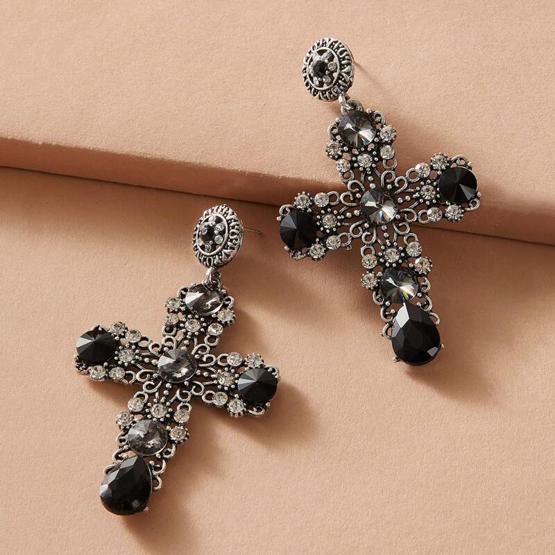 

1pair Rhinestone Engraved Cross Design Drop Earrings, Multicolor