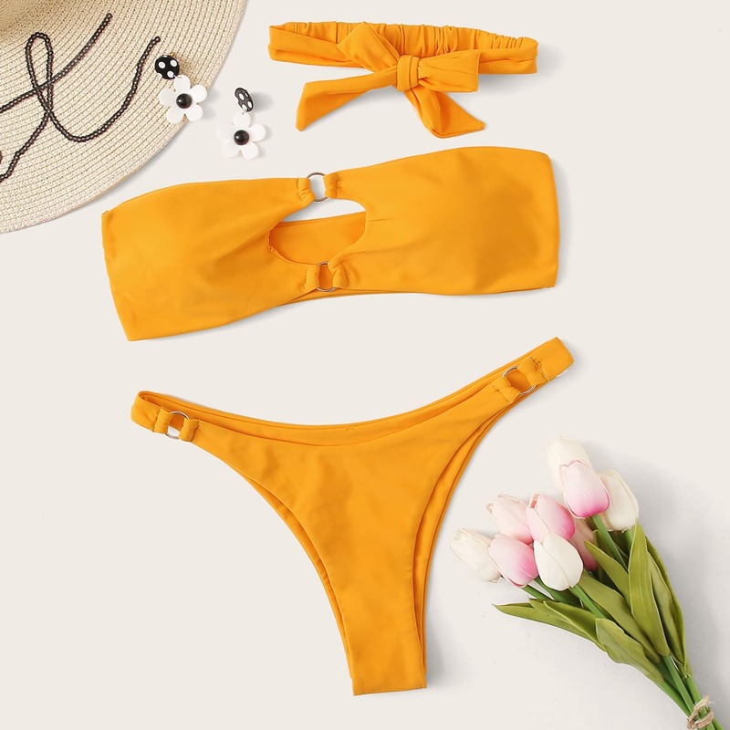 

Ring Linked High Cut Bandeau Bikini With Hair Tie, Yellow