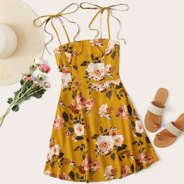 

Shirred Back Knotted Floral Print Cami Dress, Yellow
